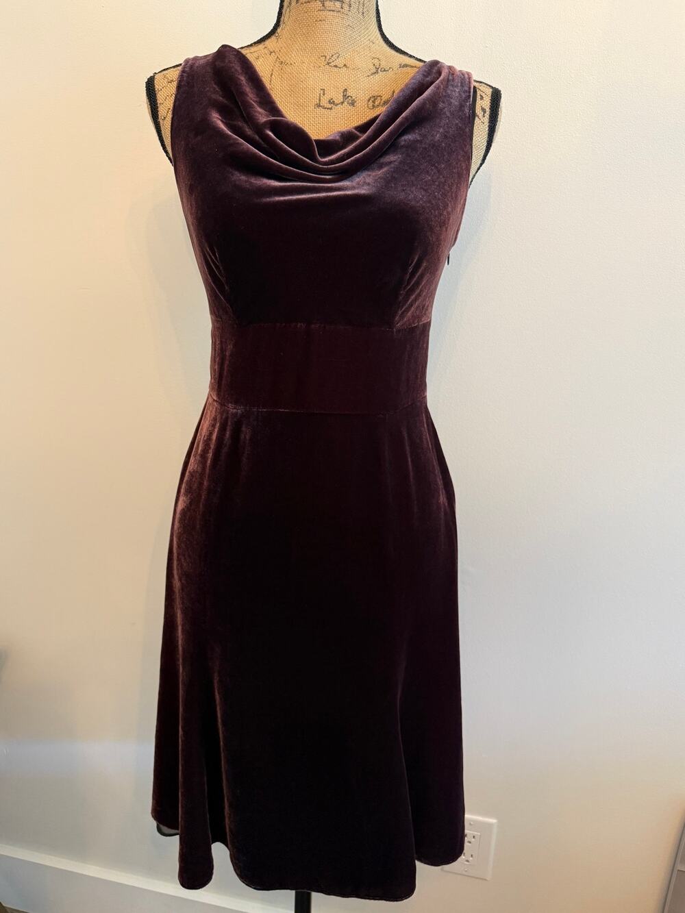 Ann Taylor Loft Purple Velvet Midi Sleeveless Dress Cowl Neckline Size 4